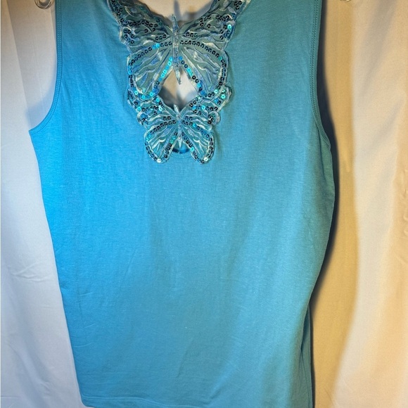 Blue Embellished Butterfly Tank Top Women’s Medium Beaded Sequin Detail - Picture 2 of 6